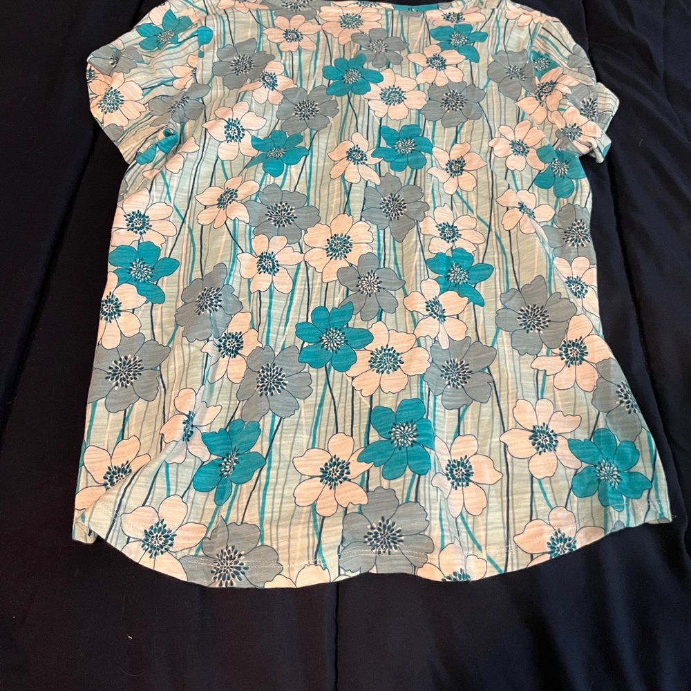 Blue and Gray Floral Blouse with Watercolor Design